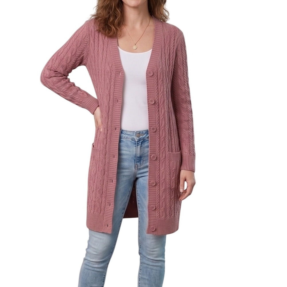 Pink Long‎ Cable Knit Duster Cardigan Women M Button Front Cozy Chunky Sweater